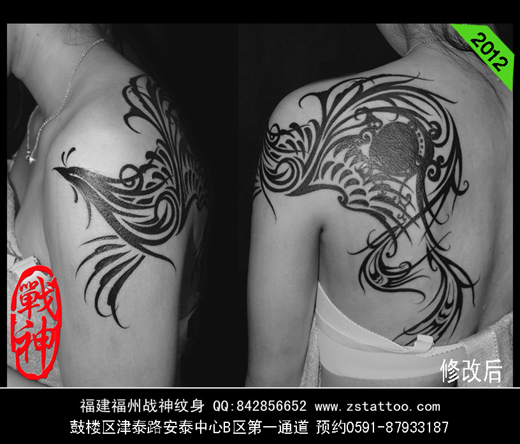 图腾凤凰修改后作品-福州纹身|福州战神纹身店